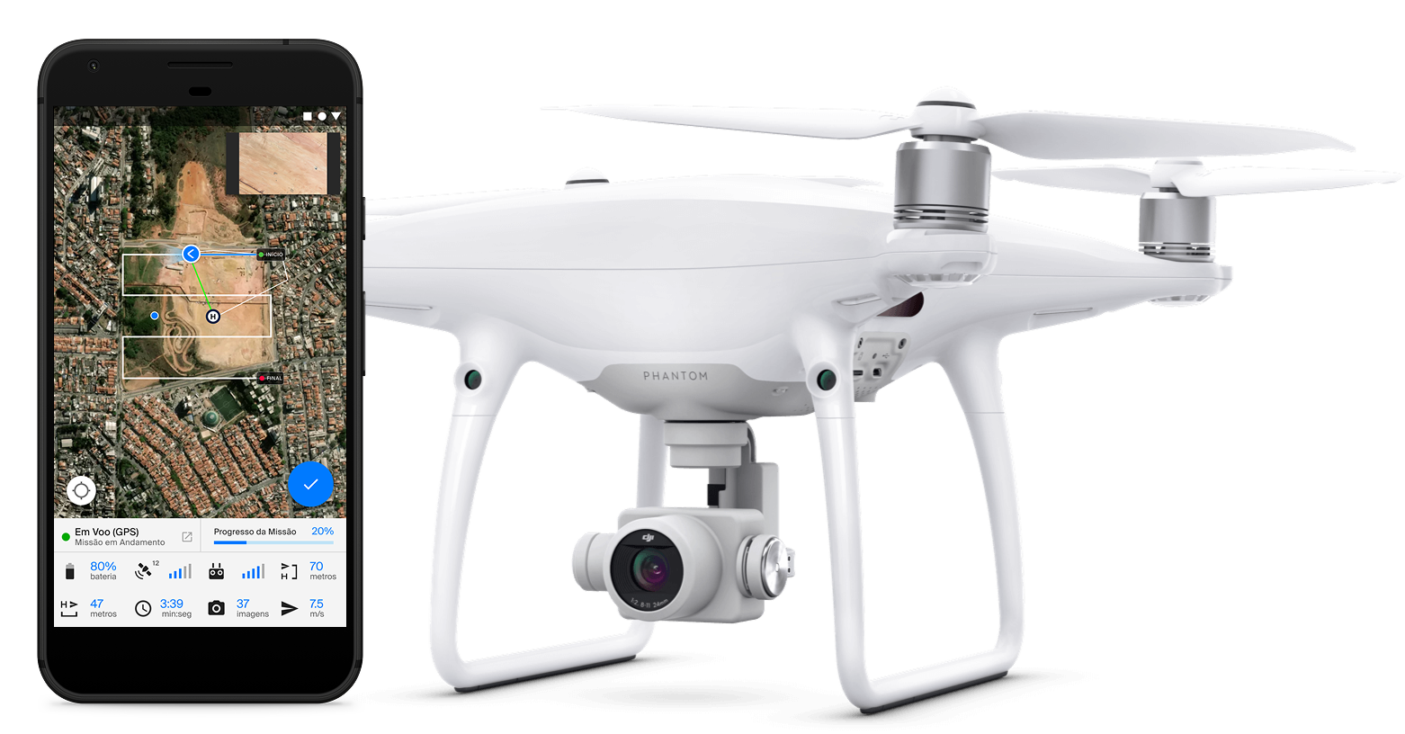 App Mission Planner com rota de voo exibida num drone DJI